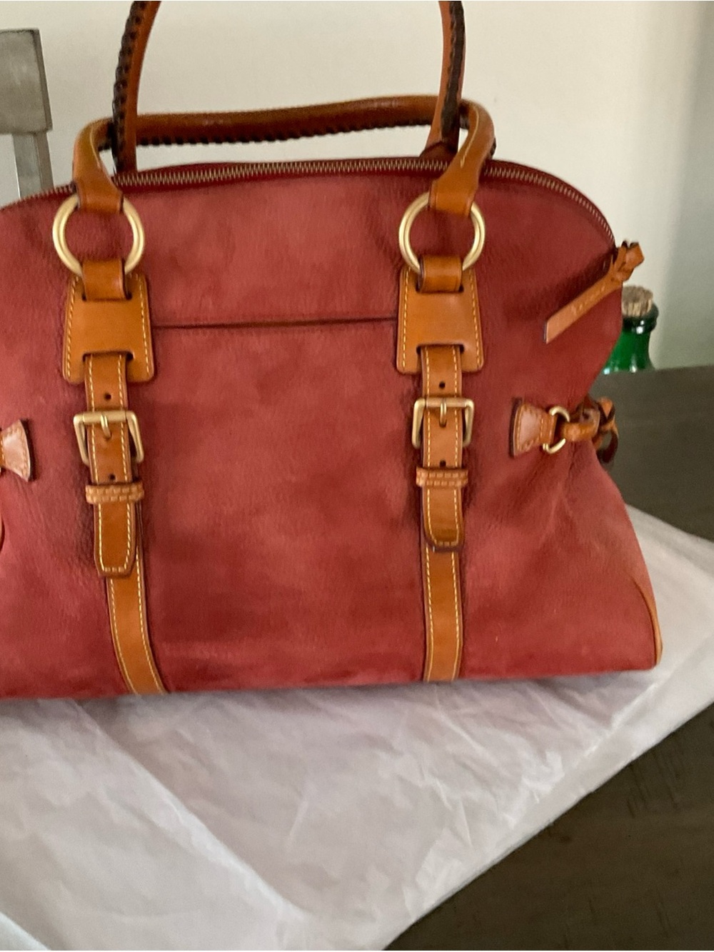 Dooney & Bourke Domed Nubuck Double Handle Satchel In Red-Brown Color - Picture 9 of 16